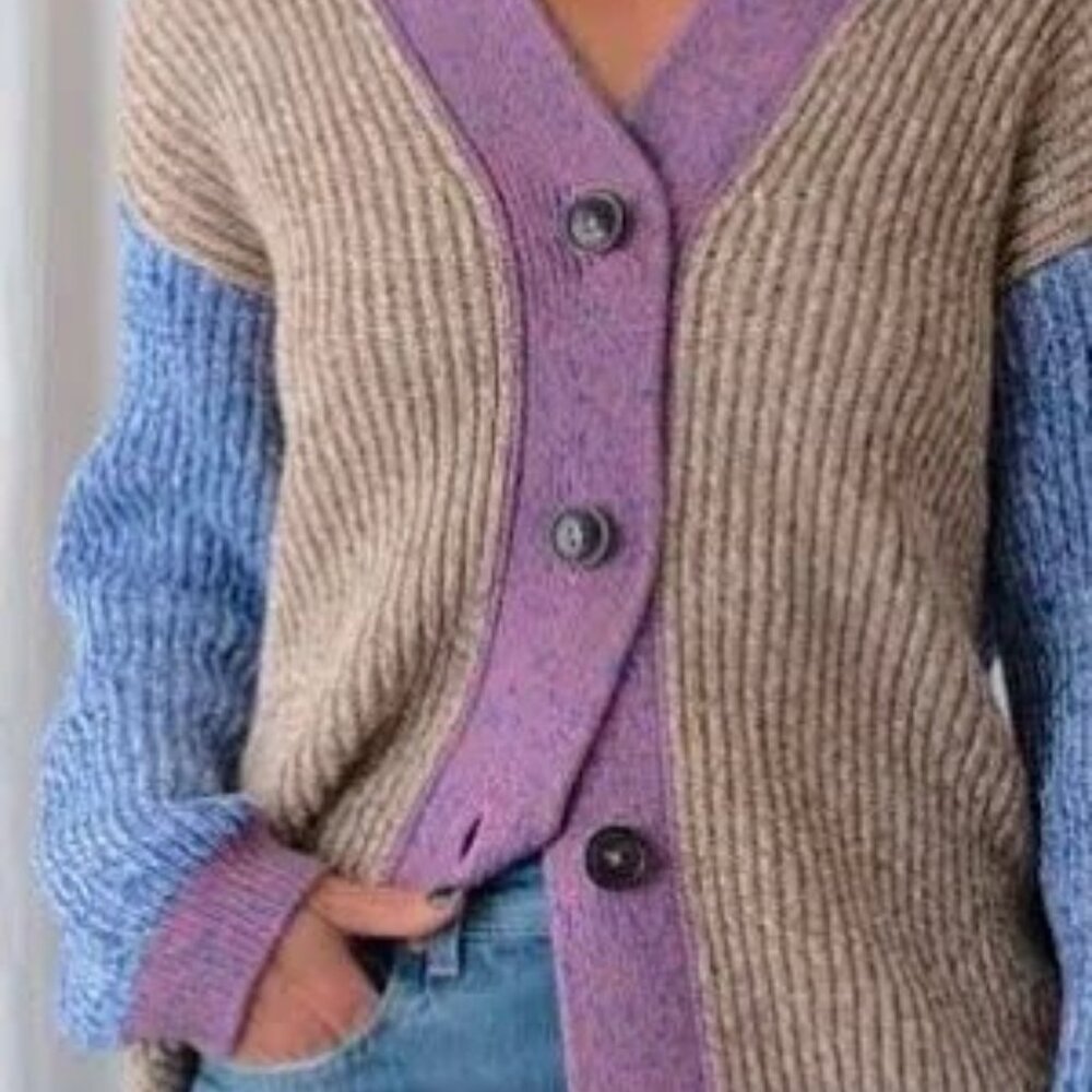 Closed Anthropologie Color-Block Rib Knit V-Neck Cardigan S oversized